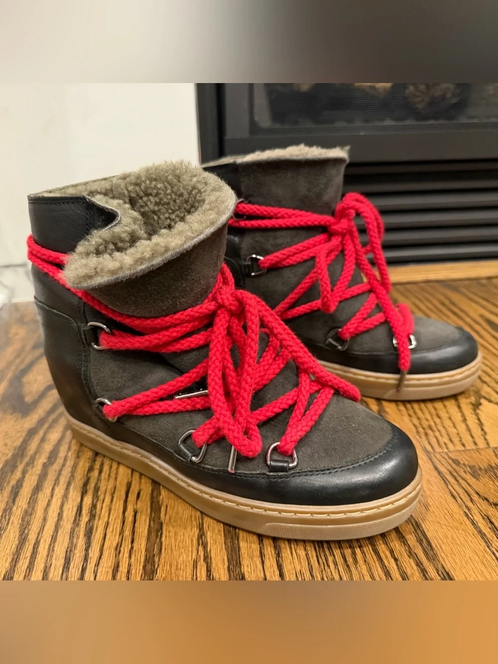 Isabel Marant Black and Red Shearling-Lined Winter Boots